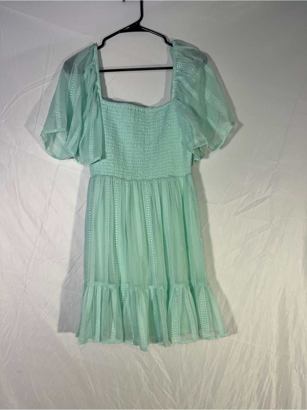 NSR Mint Puff-Sleeve Smocked Tiered Dress